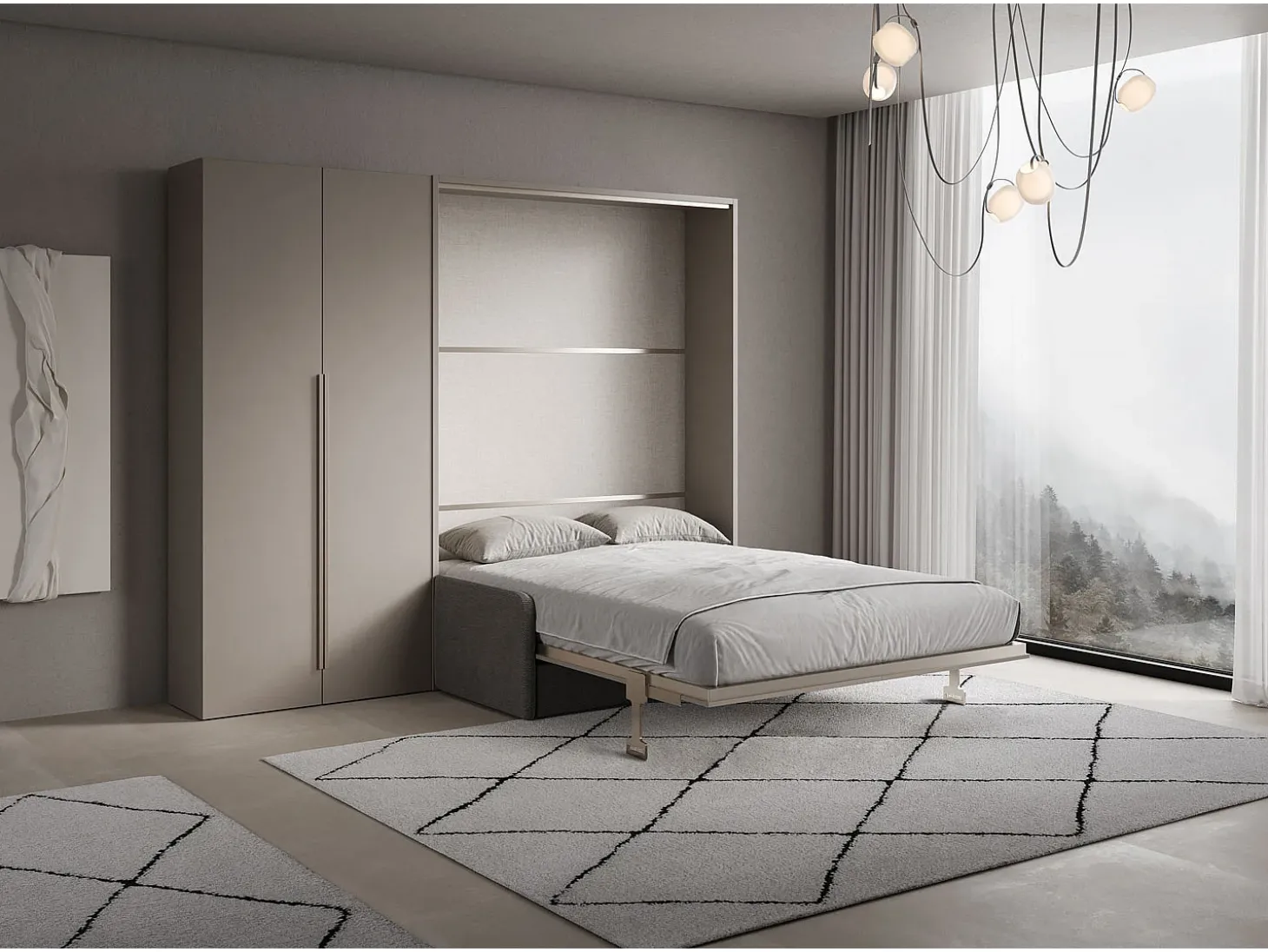 Versia Sofà 160 cama de casal dobrável vertical com sofá, prateleira e guarda-roupa esquerdo com 2 portas Argilla