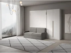 Versia Sofà 160 cama de casal dobrável vertical com sofá, prateleira e guarda-roupa direito com 2 portas Branco