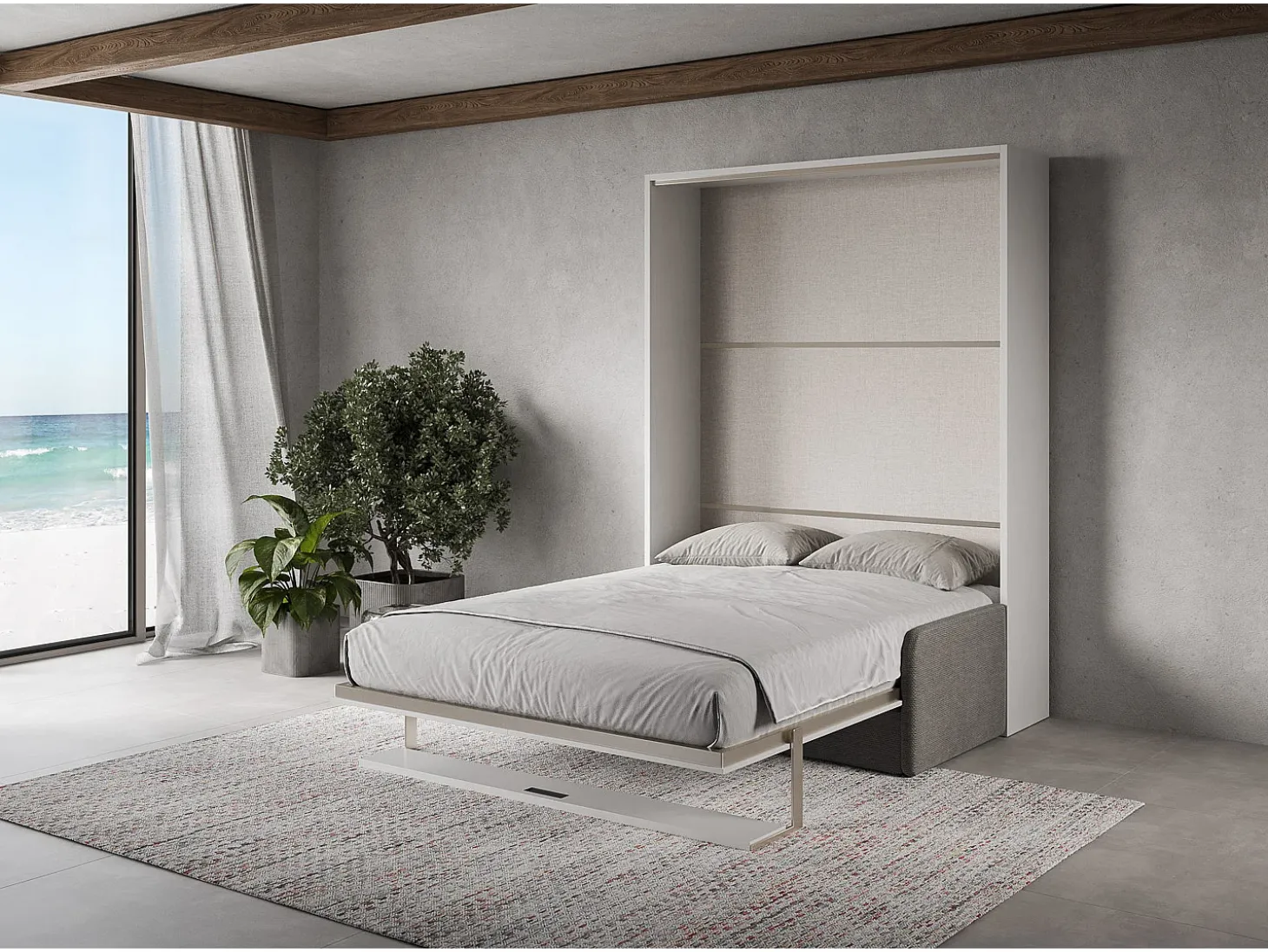 Versia Sofà 160 cama de casal dobrável vertical com sofá branco e prateleira