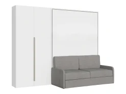 Versia Sofà 160 cama de casal dobrável vertical com sofá, prateleira e guarda-roupa esquerdo com 2 portas Branco
