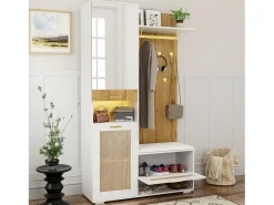 Vestiário com espelho - 110 x 38 x 190 cm - com sapateira + cabideiro + LEDs - MDF - branco