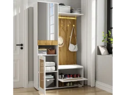 Vestiário com espelho - 110 x 38 x 190 cm - com sapateira + cabideiro + LEDs - MDF - branco