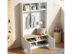 Vestiário de entrada moderno 105x40x180cm - con 2 portas - con móvel para sapatos e ganchos - prateleiras abertas - Branco + Natural