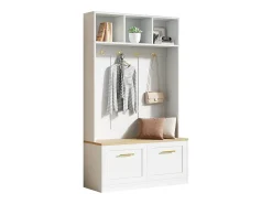 Vestiário de entrada moderno 105x40x180cm - con 2 portas - con móvel para sapatos e ganchos - prateleiras abertas - Branco + Natural
