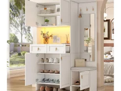 Vestiário de entrada moderno 120x33.5x180cm - con LED e espelho - con banco de sapatos e móvel de sapatos - con 2 gavetas e 5 portas - Branco