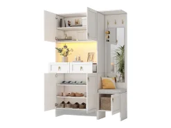 Vestiário de entrada moderno 120x33.5x180cm - con LED e espelho - con banco de sapatos e móvel de sapatos - con 2 gavetas e 5 portas - Branco