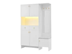 Vestiário de entrada moderno 120x33.5x180cm - con LED e espelho - con banco de sapatos e móvel de sapatos - con 2 gavetas e 5 portas - Branco