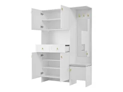 Vestiário de entrada moderno 120x33.5x180cm - con LED e espelho - con banco de sapatos e móvel de sapatos - con 2 gavetas e 5 portas - Branco