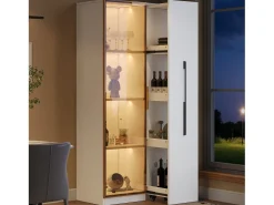Vitrina con LED 70x40x160 cm - 1 porta de vidro e 1 gaveta lateral deslizante - Rodas - MDF + vidro - Branco