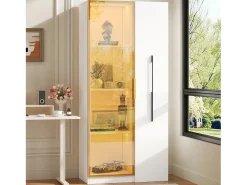 Vitrina con LED 70x40x160 cm - 1 porta de vidro e 1 gaveta lateral deslizante - Rodas - MDF + vidro - Branco
