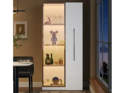 Vitrina con LED 70x40x160 cm - 1 porta de vidro e 1 gaveta lateral deslizante - Rodas - MDF + vidro - Branco