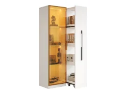 Vitrina con LED 70x40x160 cm - 1 porta de vidro e 1 gaveta lateral deslizante - Rodas - MDF + vidro - Branco
