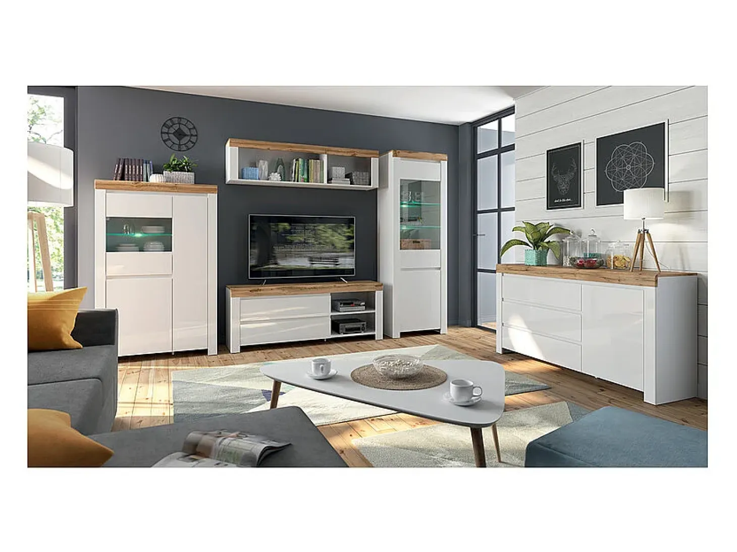 Vitrina de 3 portas Hella Branco e Madeira