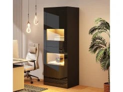Vitrina envernizada brilhante 61x42x162 cm - con iluminação LED - 2 portas - Prateleiras de vidro ajustáveis - Preto