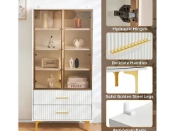 Vitrina moderna com luzes LED e prateleiras removíveis - H 150 cm - 2 portas de vidro e 2 gavetas - Branco