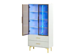 Vitrina moderna com luzes LED e prateleiras removíveis - H 150 cm - 2 portas de vidro e 2 gavetas - Branco
