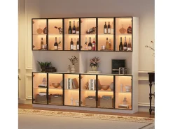 Vitrina moderna 240x34x200 cm - Iluminação LED - 12 portas de vidro - Espaço de armazenamento aberto - MDF - Branco