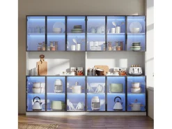 Vitrina moderna 240x34x200 cm - Iluminação LED - 12 portas de vidro - Espaço de armazenamento aberto - MDF - Branco