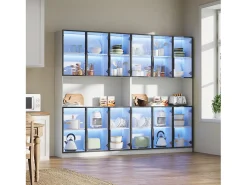 Vitrina moderna 240x34x200 cm - Iluminação LED - 12 portas de vidro - Espaço de armazenamento aberto - MDF - Branco