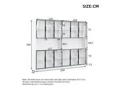 Vitrina moderna 240x34x200 cm - Iluminação LED - 12 portas de vidro - Espaço de armazenamento aberto - MDF - Branco
