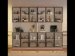 Vitrina moderna 240x34x200 cm - Iluminação LED - 12 portas de vidro - Espaço de armazenamento aberto - MDF - Branco