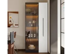 Vitrina móvel 70x40x160 cm - Estante de livros - Iluminação LED - 1 porta de vidro e 1 gaveta - con rodas - MDF - Preto e branco