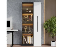 Vitrina móvel 70x40x160 cm - Estante de livros - Iluminação LED - 1 porta de vidro e 1 gaveta - con rodas - MDF - Preto e branco