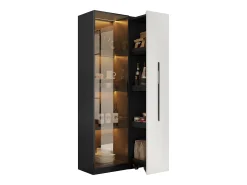 Vitrina móvel 70x40x160 cm - Estante de livros - Iluminação LED - 1 porta de vidro e 1 gaveta - con rodas - MDF - Preto e branco