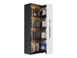 Vitrina móvel 70x40x160 cm - Estante de livros - Iluminação LED - 1 porta de vidro e 1 gaveta - con rodas - MDF - Preto e branco