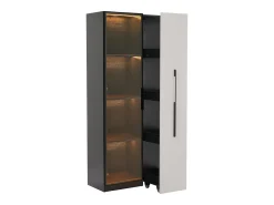 Vitrina móvel 70x40x160 cm - Estante de livros - Iluminação LED - 1 porta de vidro e 1 gaveta - con rodas - MDF - Preto e branco
