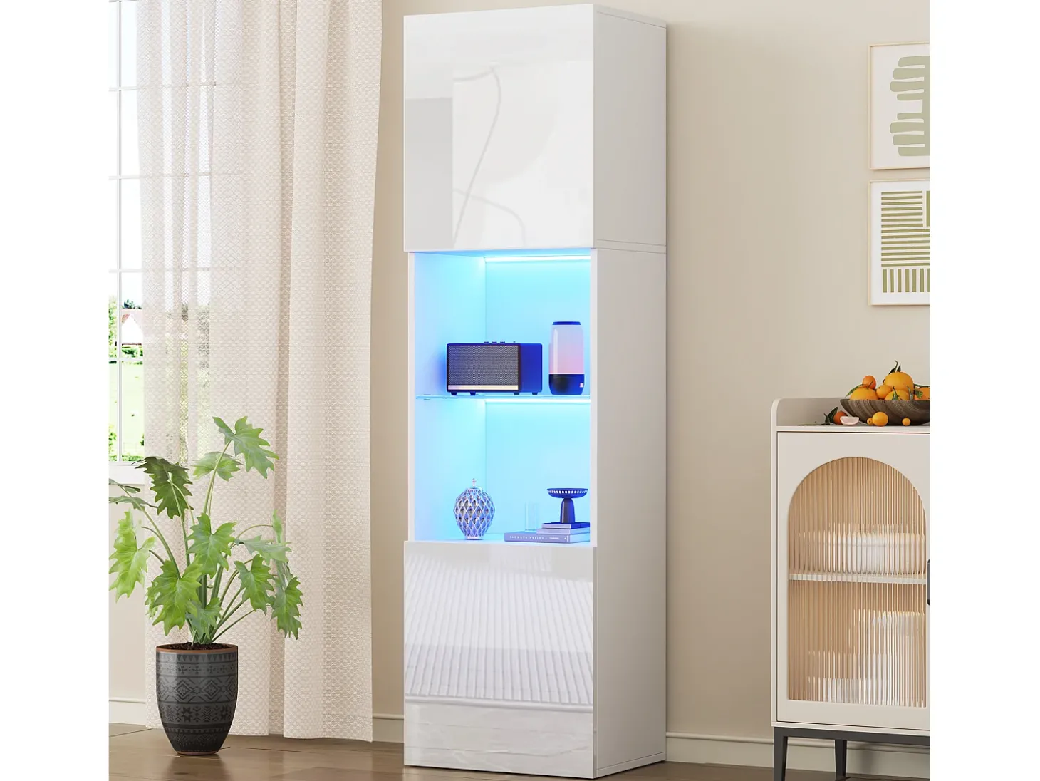 Vitrina 45x35x160 cm - com 2 portas - com iluminação LED - 1 prateleira de vidro - branco