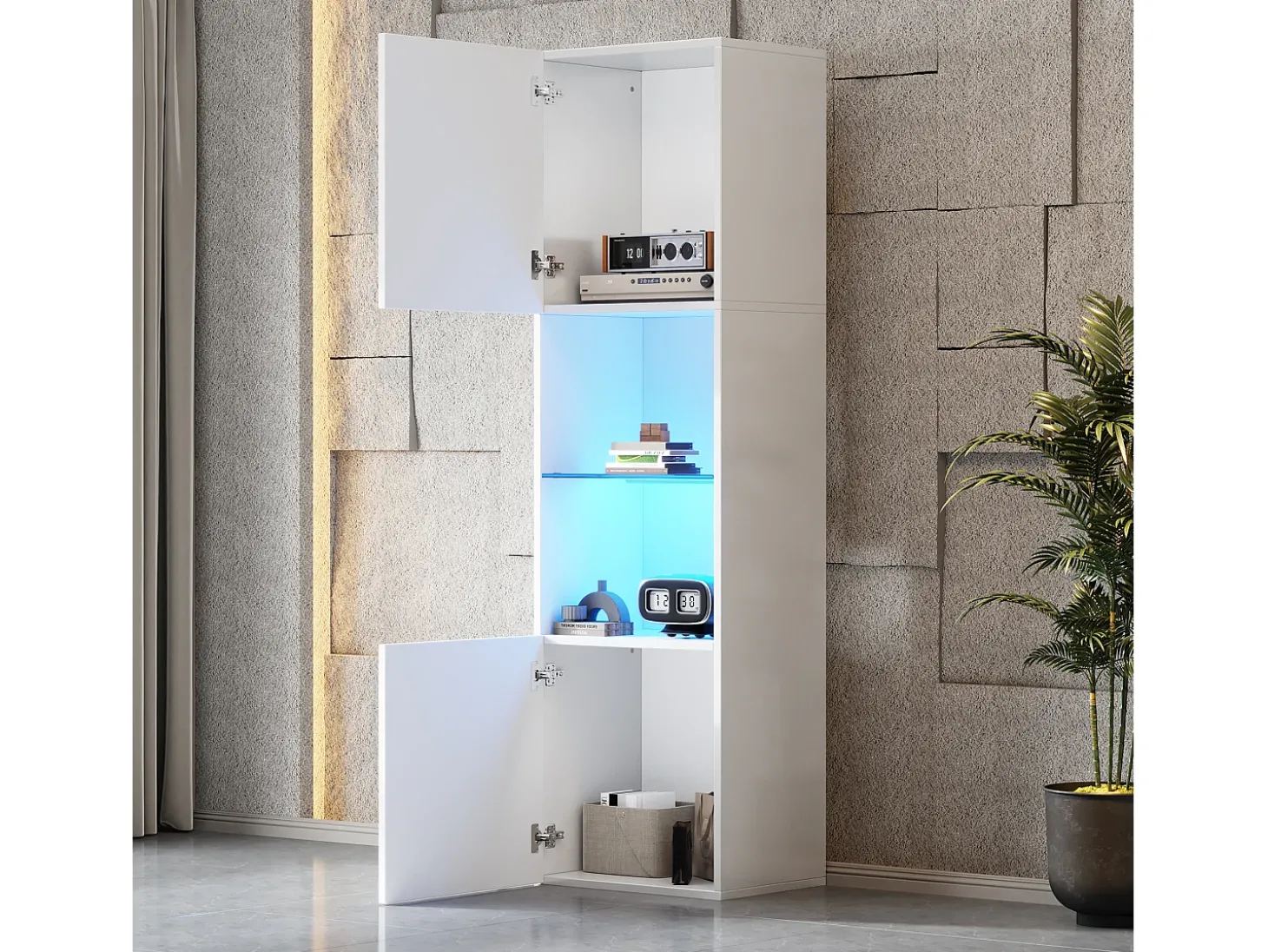 Vitrina 45x35x160 cm - com 2 portas - com iluminação LED - 1 prateleira de vidro - branco