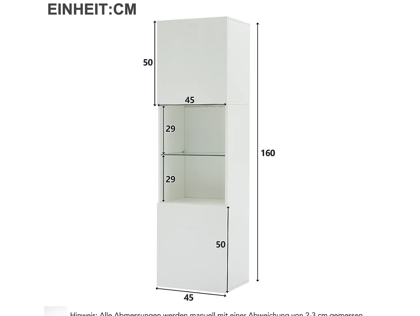 Vitrina 45x35x160 cm - com 2 portas - com iluminação LED - 1 prateleira de vidro - branco