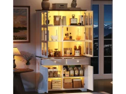 Vitrina 120x36,5x200 cm - con iluminação LED - 2 gavetas e 4 portas - MDF - Branco