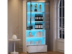 Vitrina 80x34x180 cm - con iluminação LED - 1 gaveta e 2 portas de vidro - prateleiras abertas - MDF - Branco