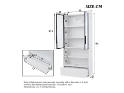 Vitrina 80x34x180 cm - con iluminação LED - 1 gaveta e 2 portas de vidro - prateleiras abertas - MDF - Branco