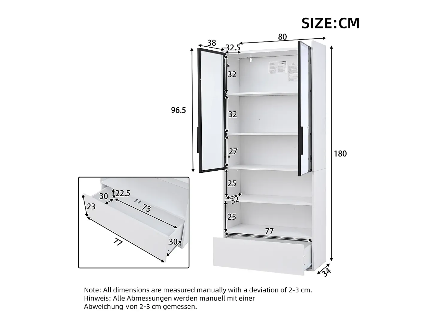 Vitrina 80x34x180 cm - con iluminação LED - 1 gaveta e 2 portas de vidro - prateleiras abertas - MDF - Branco