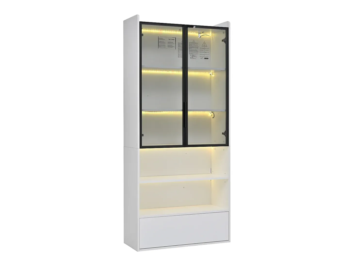 Vitrina 80x34x180 cm - con iluminação LED - 1 gaveta e 2 portas de vidro - prateleiras abertas - MDF - Branco