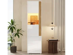 Vitrina 50x40x179cm - con iluminação LED - con 2 portas - Prateleiras ajustáveis - Branco + Natural