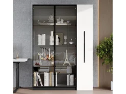 Vitrine 110,5×35×160 cm - 2 portas de vidro - 1 gaveta lateral - com iluminação LED - preto + branco