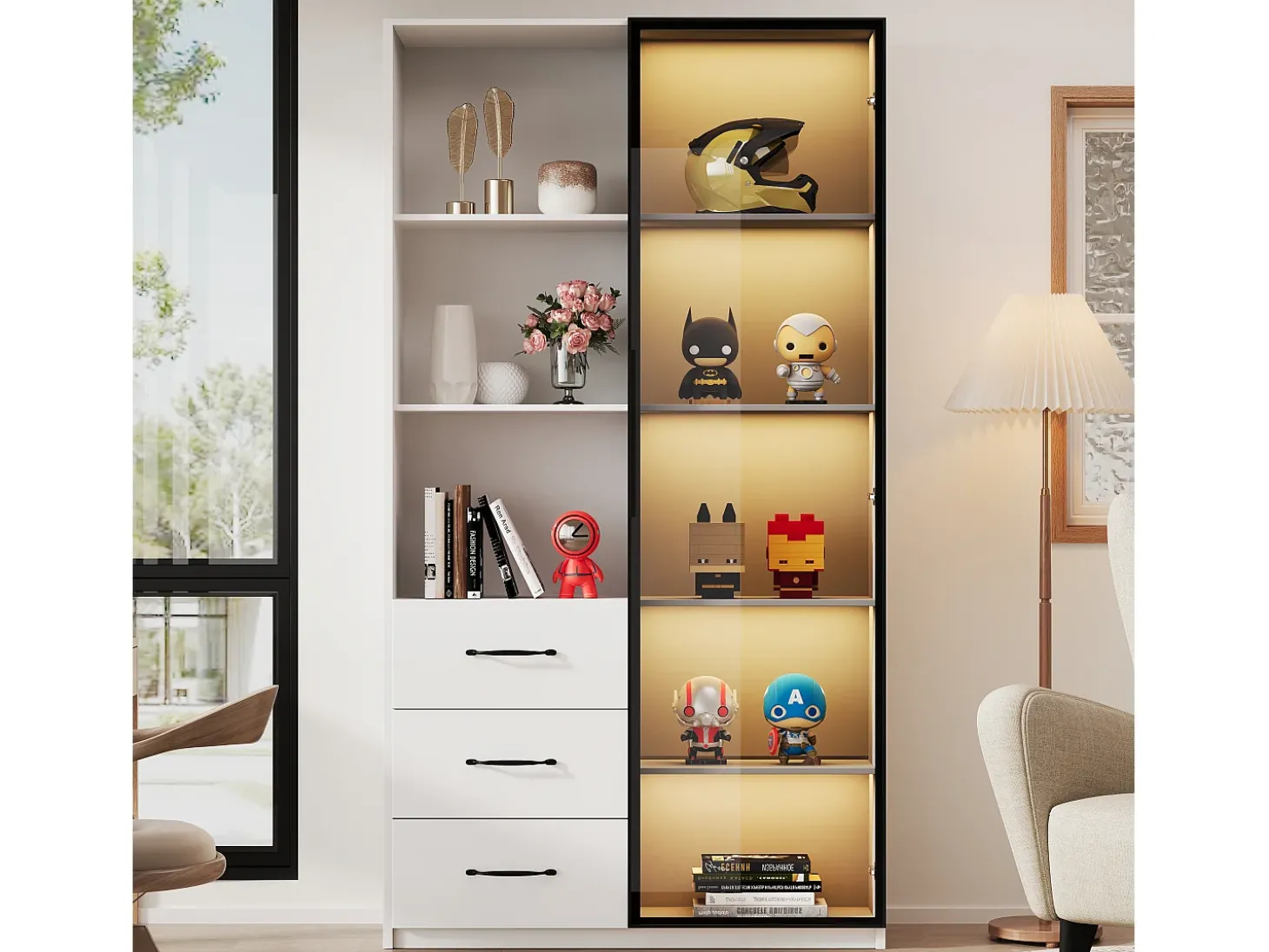 Vitrine 80×40×160 cm - com 1 porta de vidro temperado e 3 gavetas - com iluminação LED - 3 prateleiras abertas - branco