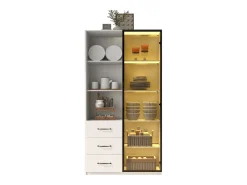 Vitrine 80×40×160 cm - com 1 porta de vidro temperado e 3 gavetas - com iluminação LED - 3 prateleiras abertas - branco