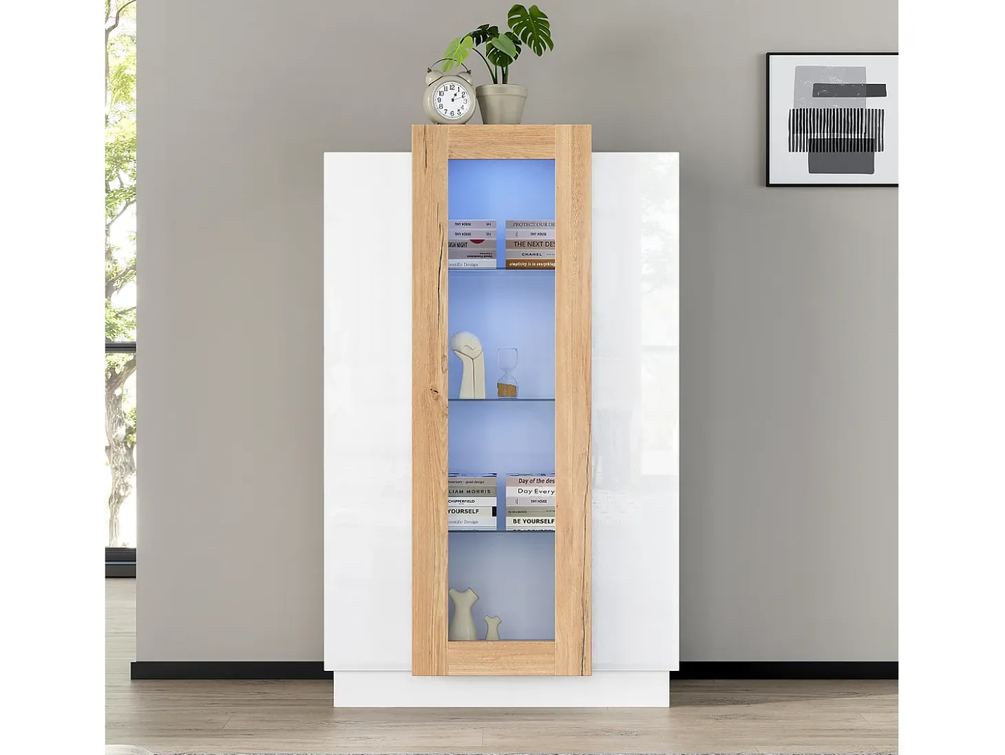 Vitrine 74×40×120 cm - com 3 portas - com iluminação LED - com prateleiras de vidro - branco + natural