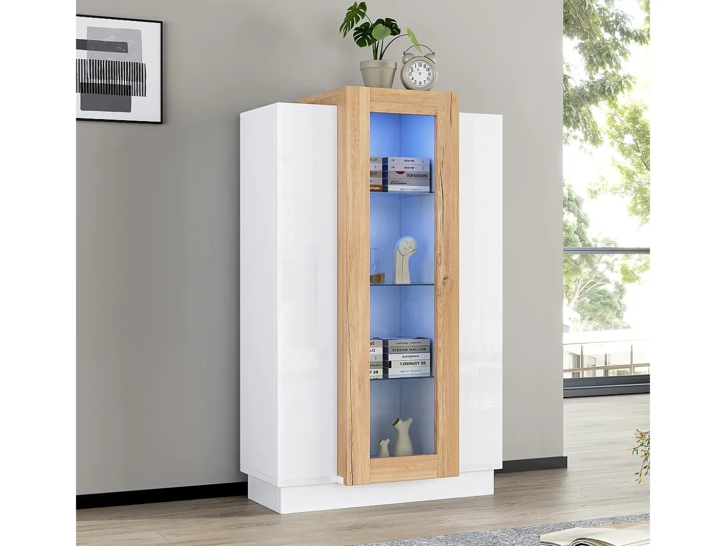 Vitrine 74×40×120 cm - com 3 portas - com iluminação LED - com prateleiras de vidro - branco + natural