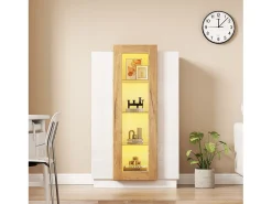 Vitrine 74×40×120 cm - com 3 portas - com iluminação LED - com prateleiras de vidro - branco + natural