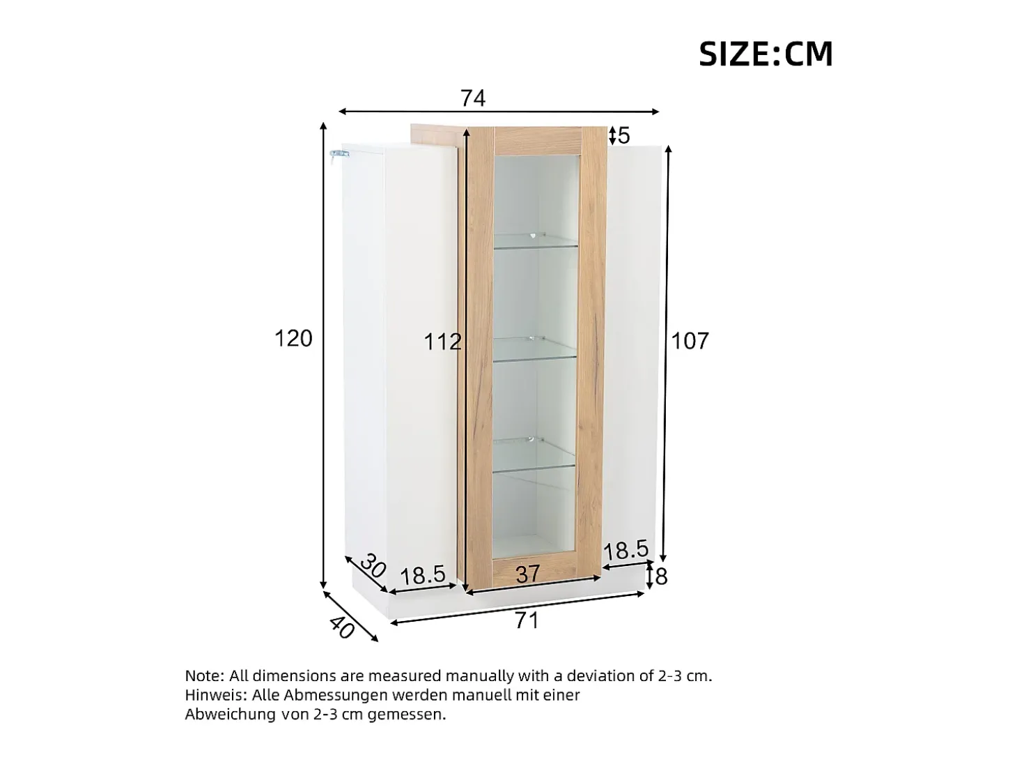Vitrine 74×40×120 cm - com 3 portas - com iluminação LED - com prateleiras de vidro - branco + natural
