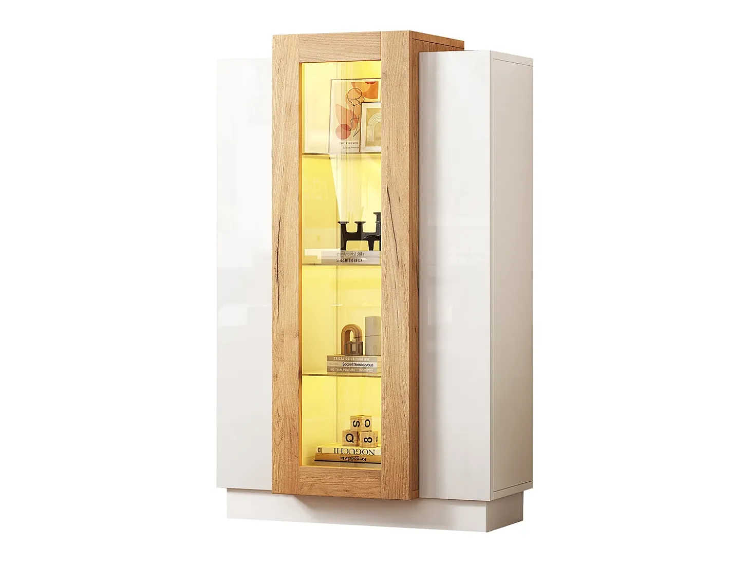 Vitrine 74×40×120 cm - com 3 portas - com iluminação LED - com prateleiras de vidro - branco + natural
