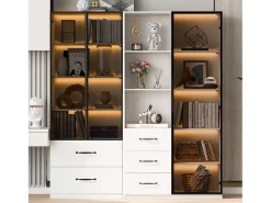 Vitrine 140×40×160 cm - com iluminação LED - 3 portas de vidro - 5 gavetas - branco