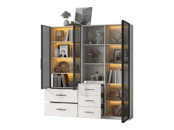 Vitrine 140×40×160 cm - com iluminação LED - 3 portas de vidro - 5 gavetas - branco