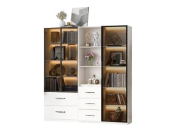 Vitrine 140×40×160 cm - com iluminação LED - 3 portas de vidro - 5 gavetas - branco